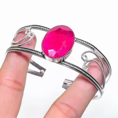 Ruby(Simulated) Gemstone 925 Sterling Silver Cuff Bangle Adjustable Love Gift l7 - Image 1 of 4