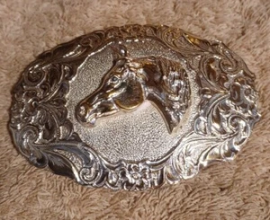 Vintage Crumrine Horse Belt Buckle - Silver Plate on Jewelers Bronze (136) - Picture 1 of 3