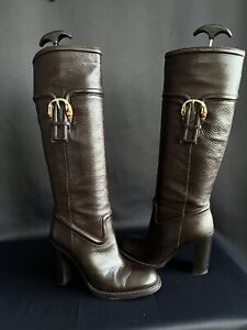 GUCCi Knee High Leather Boots Brown Size 38 1/2 Excellent Condition