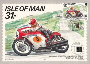 Bicicleta de Motociclista Giacomo Agostini MV Augusta 500cc Carrera Isla de Man Maxi Tarjeta FDC 1991 - Imagen 1 de 1