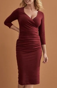 BRAVISSIMO Leila Dres Red 3/4 Sleeve Ruched Evening Party Midi Dress RRP70 BR42 - Picture 1 of 2
