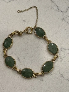 Vintage 12k Gold Filled Jade Cabochon Green Stone Link Bracelet w/ Safety Chain - Picture 1 of 12