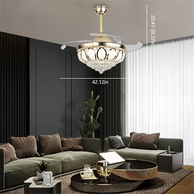 Crystal LED Chandelier Invisible Ceiling Fan Light Ceiling Lamp w/Remote Control - Image 1 of 4