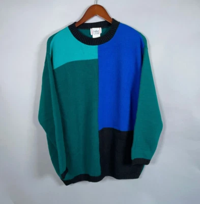 90s Colorblock Crewneck Sweater Women's XL Green Blue Chunky Knit USA Tag Cricke - Image 1 of 4