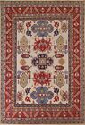 Ivory/ Red Geometric Kazak Vegetable Dye Rug 8x10 Hand-Knotted Wool Carpet