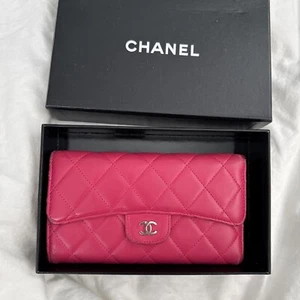 Chanel Pink Lamb Leather Silver Tone Long Quilted Wallet W/box - Picture 1 of 23