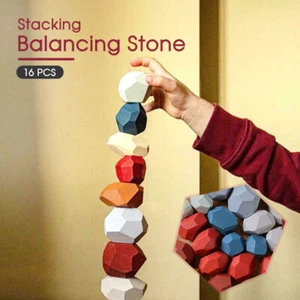 New 16 Pcs Toy Creative Wooden Colored Stacking Balancing Stone Building Blocks - Picture 1 of 8