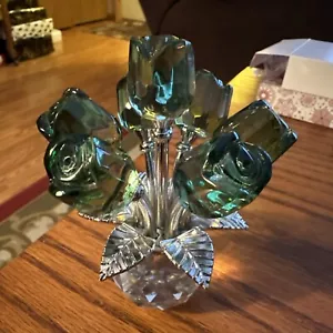 Dark Green Crystal Glass Roses With Silver Leaves Gorgeous Floral Sculpture - Picture 1 of 9