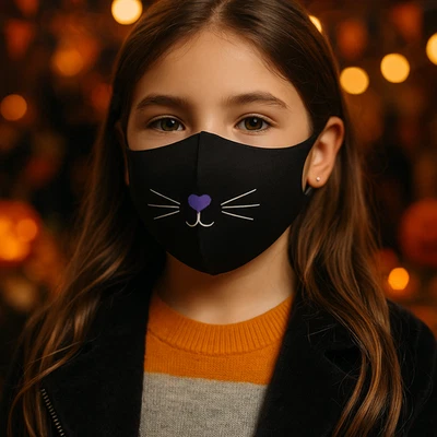 Halloween Maske Kinder Waschbar Stoff Schwarz Katze Süßes oder Saures Face Decke - Bild 1 von 2