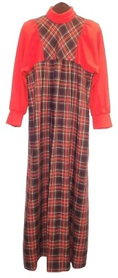Vintage Maternity Dress Size Medium Black Stewart Tartan Plaid Red Maxi MCM 60s - Image 1 of 4
