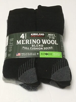 Kirkland Mens 4 Pack Crew Merino Wool Blend Socks Size 7-13 - Black and Gray - Image 1 of 2