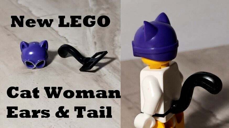 New LEGO Cat Woman Ears Tail Black Cat Suit Purple Chrome Hat Helmet Fits  Legs - Image 1 of 1