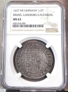1637 GERMANY 1/2 TALER BRUNSWICK LUNEBURG CALENBURG NGC MS 63 RARE TOP POP 1 - Picture 1 of 5