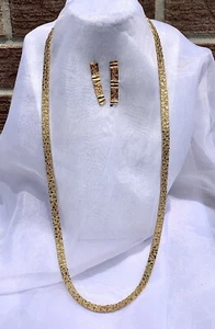 Vintage Goldtone 1980s Nugget Look Herringbone Necklace Matching Drop Earrings - Picture 1 of 7