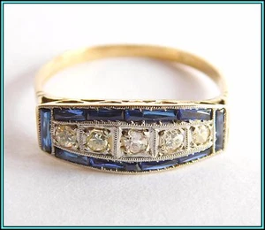 ANELLO VINTAGE ART DECO - Oro giallo e bianco 18K diamanti e zaffiri taglia 61⁄4 - Foto 1 di 12