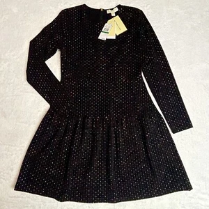 Michael Kors Black Sparkle Party Dress Size L Drop Waist Long Sleeve Fit Flare - Picture 1 of 24