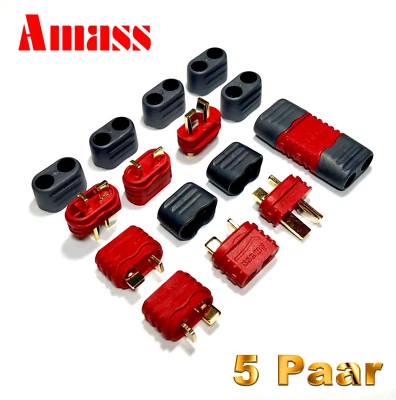 5 Paar Amass T-Dean Deans T-Plug Stecker Buchse Goldstecker mit Schutzkappen 40A - Bild 1 von 4