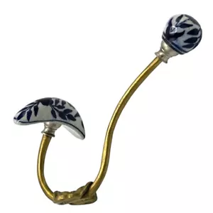 Vtg Hat & Coat Wall Double Metal Brass Hook w/Porcelain Dutch Delft Style Finals - Picture 1 of 19