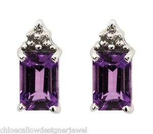 Sterling Silver Diamond + Purple Amethyst Set Ear Studs Earrings + gift bag - Picture 1 of 2