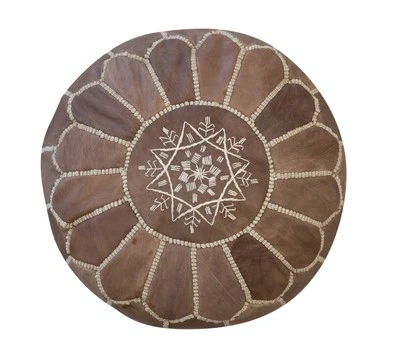 Hand-Tooled Brown Round Geniune Leather Pouf. UNSTUFFED. Custom Option Available - Image 1 of 4
