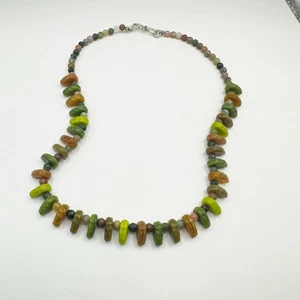 Green Yellow Beaded Necklace 15" long Beads Sterling Silver Clasp Choker - Picture 1 of 8