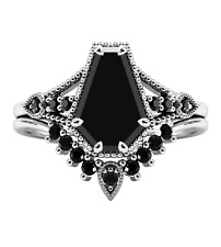 Art Deco Coffin Shaped Black Onyx Engagement Ring Set, black onyx bridal ring .