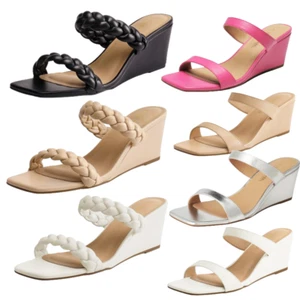 Women Casual Wedge Sandals Low Wedge Square Open Toe Slip On Sandals Shoes - Picture 1 of 42