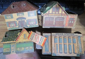4 Built-Rite Toys Cardboard 1930s Fire Station, Union Station, Drug Store ,House - Picture 1 of 20