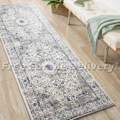 SULIS MEDALLION IVORY BLUE TRADITIONAL RUG RUNNER (L) 80x400cm **FREE DELIVERY** - Image 1 of 4