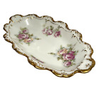 French Limoges Ruffled Gilded Relish Dish Pink & Yellow Roses Porcelain Vintage