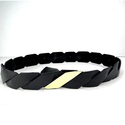 RAINA Genuine Leather Black Braided Belt Gold Metal Hook Buckle Vintage - Image 1 of 4