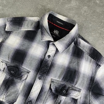 Rock & Republic Shirt Mens Small White Black Plaid Flap Pockets Short Sleeve - Image 1 of 4