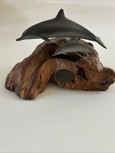 John Perry Studio Dos Delfines Marsopa Burl Madera Escultura Océano Mamá y Bebé - Imagen 1 de 7