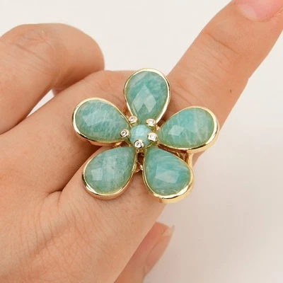 Anillos de flores pavé cristal transparente piedra amazonita azul natural ajustables hechos a mano Foto 1 de 4