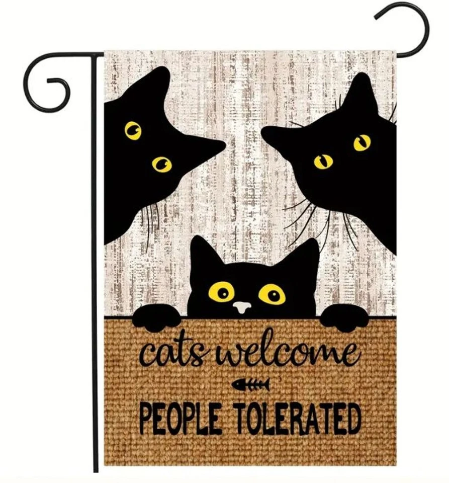 Garden Flag Cats Welcome People Tolerated 12x18in Double Sided Polyester - Image 1 of 1