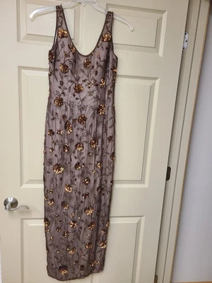 Vestido de lantejoulas Adrianna Papell de seda com miçangas novo com etiquetas marrom/cobre floral miçangas/lantejoulas - Imagem 1 de 4