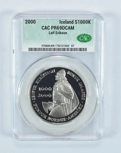 2000 Iceland Leif Ericson Commemorative Silver 1000 Kronur PR69 DCAM CAC - Picture 1 of 5