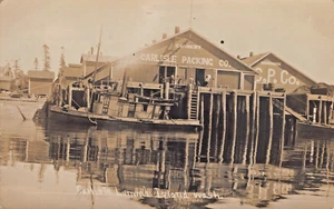 Lummi Island WA Photo Postcard Carlisle Fish Packing Co. Sign Boat Dock rare USA - Picture 1 of 3