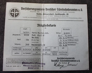 Versicherungsverein Deutscher Eisenbahnbeamten a.G.,Mitgliedskarte,Bw. Gera,1938 - Bild 1 von 2