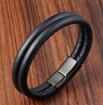 Men Women 13mm Black Double Band Genuine Leather Magnet Bangle Bracelet 6.5-9" - Image 1 of 4