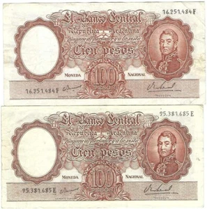 1967 Argentina 100 Peso P277a Used 2 Notes - Picture 1 of 2