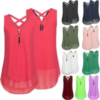 Sexy Womens Summer Chiffon V-Neck Sleeveless Vest Cross Shirt Blouse Ladies Top