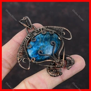 Oval Natural Neon Apatite Unique New Wire Wrapped Tortoise Sister Pendant Copper - Picture 1 of 6