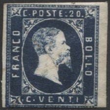 Sardegna - 20 C. azzurro vivo (N° 2e) - certificato Colla - senza gomma 7/1220