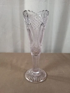 Vintage Pressed Glass Pink Lead Crystal Trumpet Vase Sawtooth Lip Cut Patterns  - Picture 1 of 10