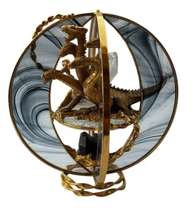 Gold Multi Headed Dragon Sculpture Glass Globe & Quartz & Smoky Quartz Crystals - Picture 1 of 10