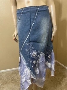 Women’s Blue Denim Cotton Casual Boho Hippie Zipper Size S(4-6) Skirt 3001 - Picture 1 of 21