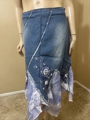 Women’s Blue Denim Cotton Casual Boho Hippie Zipper Size L(8-10) Skirt 3001 - Image 1 of 4