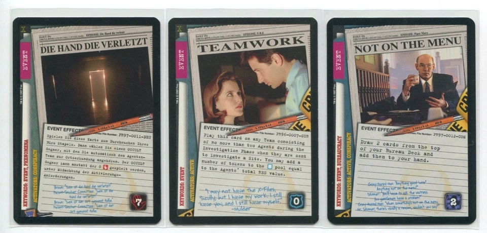 1997 X-Files CCG Expansion 3x PROMO Cards Teamwork Not On The Menu Die Hand - Image 1 of 2