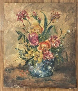 Vintage Ölgemälde Blumenstillleben signiert 1940er Blumen in Vase 10x9 ungerahmt USA - Bild 1 von 12